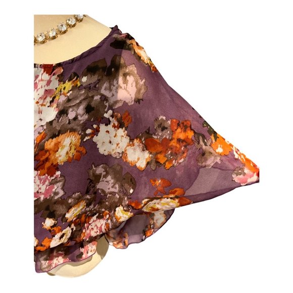 CYNTHIA ROWLEY Floral Blouse Size Med Flowy Big Sleeves Ruffle Hem Lined - Picture 4 of 16